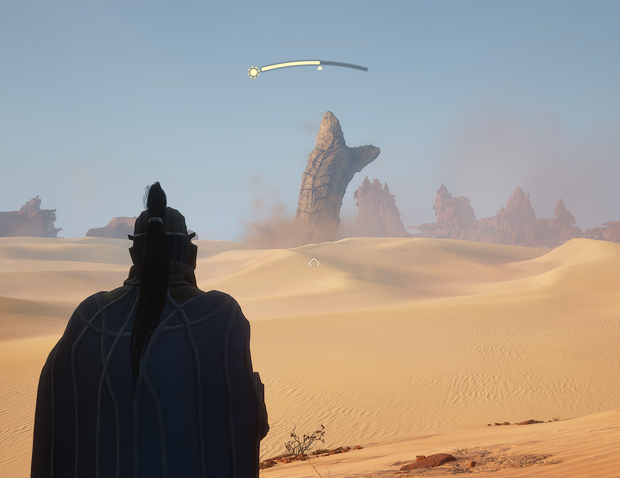 Image shows the player in DUNE looking at the sand word