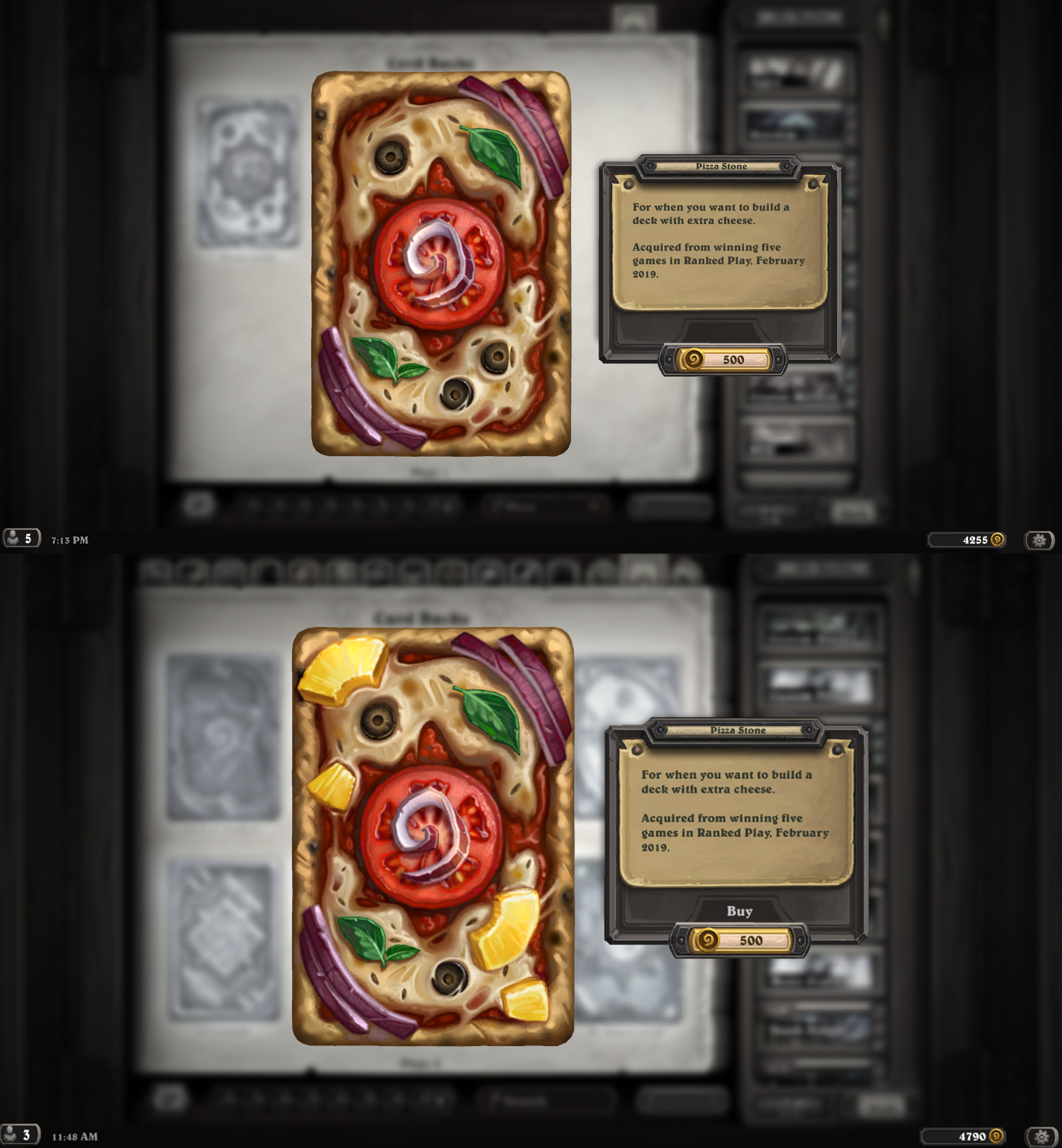 Hearthstone Pizza Cardback & pineapple variant